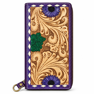Cartera de mujer de cuero genuino de 19 cm, cartera larga floral hecha a mano con cremallera, bolsillo para monedas y ranuras para tarjetas - Product Image 3