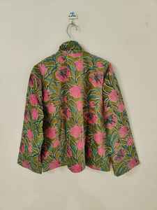 <b>Green</b> Floral Print Embroidered <b>Velvet</b> Bomber Jacket Reversible Eco-Friendly Short Length 100% Cotton Shell Winter Bohemian Style - Product Image 5