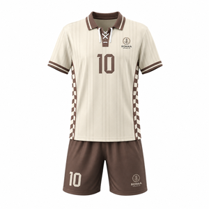 ชุดยูนิฟอร์มสีครีมน้ำตาล เสื้อโปโลลูกไม้ กางเกงขาสั้นลายทาง ชุดทีมเรโทร สำหรับผู้ชาย ทุกฤดูกาล ชุดเสื้อฟุตบอล - Product Image 1