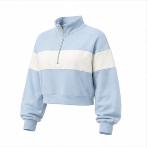 Customize Powder Blue <b>Womens</b> Oversized <b>Half</b> <b>Zip</b> Cropped <b>Sweatshirt</b> Rib Cuff Soft Knit Fleece - Product Image 3
