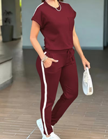 Women's Maroon 2-Piece Woven Fleece Jogger Set Short Sleeve Crew Neck Solid Color Casual Wear Side Stripe Pocket Quick Dry