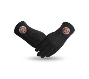 Gants en coton noir pur Grand Maître Blue Lodge avec patch brodé violet sur le poignet, fabrication sur mesure - Product Image 1