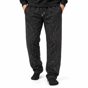 Pantalon de jogging pour homme noir avec strass, motif flamme imprimé au laser, style hip-hop, cordon de serrage, taille élastique - Product Image 2