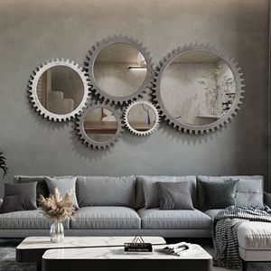 Antica corteccia marrone 42 ''X 42'' in legno Vintage specchio decorativo appesa forma di ingranaggio per bagno di arredamento soggiorno - Product Image 4