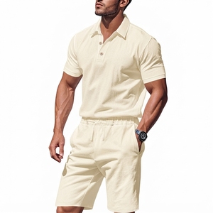 Ensemble polo et short en coton pour homme, couleur unie, décontracté, respirant, tricoté, 2 pièces, gris - Product Image 3
