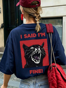 Women's Navy Blue O-Neck Short Sleeve <b>T</b>-Shirt With <b>Cat</b> Print And Red Text Loose Fit Casual Summer Top - Product Image 1