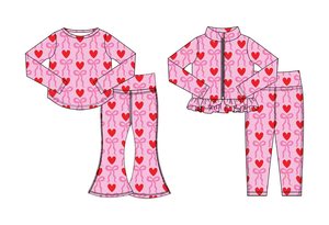 Conjuntos de ropa para niñas pequeñas con estampado de corazón rojo y lazo de San Valentín, de manga larga, OEM/ODM. - Product Image 2
