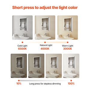 20 X 28 Recessed Wall Mount Lighted 3-Color Dimmable LED Bathroom Medicine Cabinet with <b>Mirror</b> Elegant Bathroom Furniture - Product Image 3