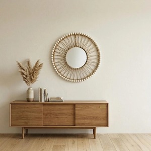 Wooden Beads Detailing Rope And Rattan <b>Mirror</b> For Boho Wall Decor Rustic Handmade Natural Home Interior Accent <b>Mirror</b> - Product Image 4