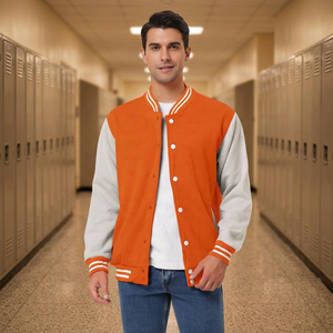 Blouson universitaire en laine uni orange et gris/blanc 2026 avec col à bordure côtelée rayée - Product Image 5