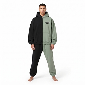 Custom Men's Heavyweight Cotton Fleece Tracksuit Contrast Block Two Tone Hoodie And <b>Jogger</b> Relaxed Fit Drop Shoulders Hoodie - Product Image 6