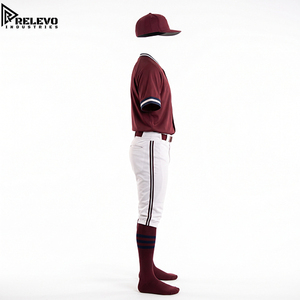<b>Men</b> OEM Custom Baseball Uniform Set, V-Neck Jersey, <b>White</b> Pants Matching Cap & <b>Socks</b> (Maroon/<b>White</b>) - Product Image 3