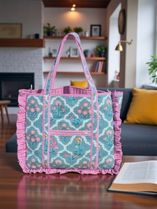 Customized Quilted Cotton Vintage Floral Quilted Large Ruffle Tote <b>Bag</b> Handprinted <b>Boho</b> Shopping <b>Bag</b> for Women - Product Image 5