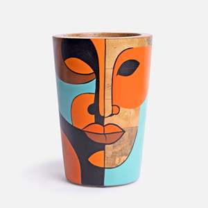Juego de baño moderno de madera con dispensador de jabón y vaso con diseño de rostro abstracto sobre bandeja - Product Image 4