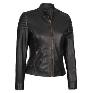 Women's Black Slim Fit Cafe Racer Leather <b>Jacket</b> - Genuine Lambskin Padded Shoulder Biker <b>Jacket</b> with Mandarin Collar - Product Image 6