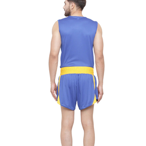 Ensemble gilet et short de boxe bleus sans manches avec bordure jaune, respirant, coupe élastique, pour hommes adultes, équipement de sport de protection - Product Image 2