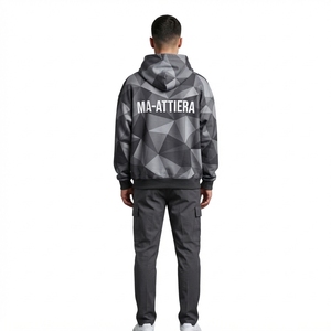 Sweat-shirt à capuche gris pour homme avec imprimé géométrique abstrait, poche kangourou, streetwear personnalisé - Product Image 2
