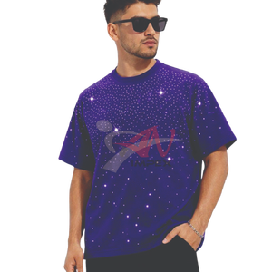T-shirt pour homme en coton 100% avec strass violets, style streetwear décontracté, tee-shirt oversize, mode estivale, t-shirt graphique pour homme, style hip hop - Product Image 1