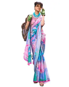 Rainbow Colour Satin Georgette Sheer Un-Stitched Digital Printed Saree With Blouse| New Ethnic Sarees Manufacturer From India|