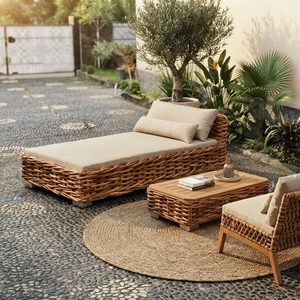 Chaise longue de jardin en rotin avec structure en bois d'acajou, tissage en rotin et tissu Daphnie, lit de soleil pour piscine, design artistique - Product Image 4