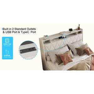 Struttura letto matrimoniale in metallo con testiera ergonomica e prese di ricarica, piattaforma letto con struttura resistente per mobili matrimoniali - Product Image 1