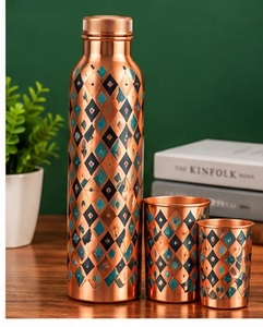 Handcrafted <b>Copper</b> <b>Water</b> <b>Bottle</b> and Cups Set with Lid Black Tree Pattern Portable Travel Drinkware - Product Image 2