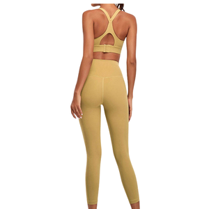 Conjunto de Yoga de 2 Piezas para Mujer, Top Deportivo con Cuello Redondo y Tirantes, Leggings Largos de Cintura Alta, Ropa Deportiva Amarilla, Tela Antibacteriana - Product Image 3