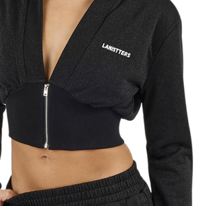 Womens Cropped Full Zip Hooded Tracksuit Set Slim Fit Long Sleeve Top Wide Leg <b>Trouser</b> Elastic Waist Two Piece Streetwear - Product Image 5