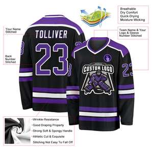 Maillot de hockey sur glace personnalisé noir et violet, col en V, manches longues, impression sublimée, maille respirante, unisexe adulte - Product Image 3