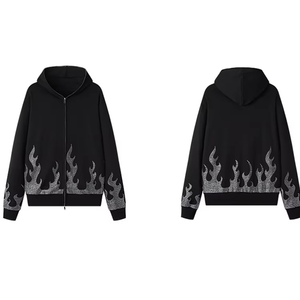 Sweat à capuche zippé intégral en tricot pour homme, 100 % coton épais, avec strass, logo personnalisé, sans cordon, coupe classique, motif tête de mort en strass - Product Image 3