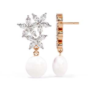 Boucles d'oreilles en or blanc pour femmes, perles et diamants taille marquise, motif floral, bijoux de mariage classiques - Product Image 2