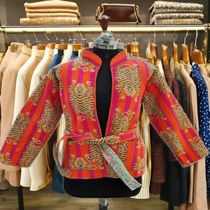 New Women's Floral Printed Boho Cotton <b>Quilted</b> Breathable Eco-Friendly Jacket FreeSize Front Open Kimono Stripe Piping Autumn - Product Image 3