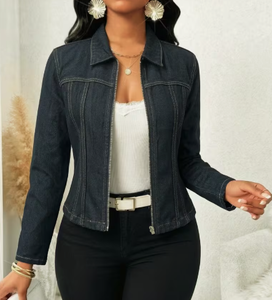 Women's Dark Blue Denim <b>Jacket</b> Long Sleeve Zipper Front Formal Style Distressed Floral Print Rhinestone Decorated Autumn - Product Image 1