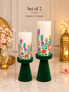 Ensemble de 2 porte-bougies à pilier en velours vert de qualité supérieure avec intérieur doré, disponibles en différentes couleurs et adaptés aux bougies. - Product Image 1