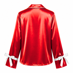 Delta |   Sigma |   Conjunto de Pijama de Satén para Mujer Theta, Manga Larga, Abotonado, Bordado, Dos Piezas, Rojo con Ribete Blanco - Product Image 3