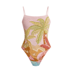 Traje de Baño de Una Pieza Verde Oliva con Escote Redondo y Bordado Floral Rojo con Cuentas Hechas a Mano, Traje de Baño Ajustado y Transpirable para Mujer - Product Image 2