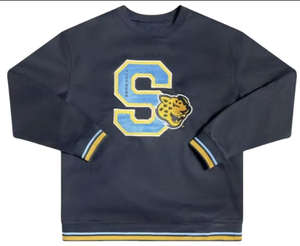 Sudadera de cuello redondo para mujer de Southern University con logo de la letra S bordado, ribete azul y dorado, corte regular, 100% algodón. - Product Image 1