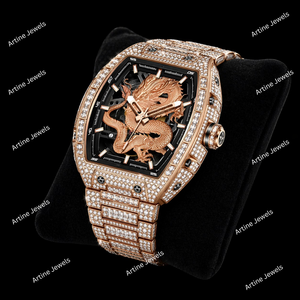 Rose Gold Dragon Skeleton Square <b>Watch</b> Crystal Bezel <b>Black</b> Dial Iced Luxury Fashion Timepiece Statement Gift For Men - Product Image 2