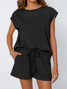 <b>Women</b> <b>2</b> <b>Piece</b> Shorts Set Sleeveless O-Neck Knitted Cotton Casual Loose Fit Solid Black Above Knee Summer <b>Outfit</b> - Product Image 4
