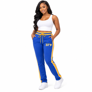 Pantalones Deportivos Azul Rey para Mujer con Rayas Laterales Amarillo Dorado, Bordado de Letras Griegas, Cintura Elástica con Cordón Ajustable, Pierna Recta - Product Image 1