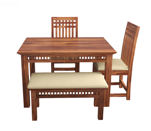 Muebles de Comedor, Juego de Mesa de Comedor de Madera Sheesham para 4 Personas, Muebles de Comedor Modernos de Madera Maciza, 1 Mesa, 1 Banco, 2 Sillas - Product Image 1