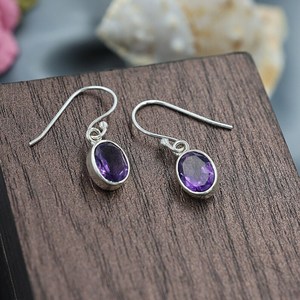 Handmade Amethyst Sterling Silver Dangle <b>Earrings</b> Minimalist Jewelry Gift Wholesale Export India Nikhil Gems NG-033 Third Party - Product Image 6
