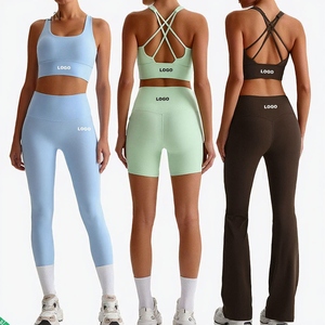 Ensemble de yoga pour femmes, haut court vert, leggings taille haute, sans couture, en spandex et polyester, 2 pièces, vêtements de sport, couleur unie, longueur intégrale - Product Image 5