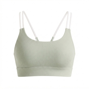 Sujetador deportivo acanalado para mujer con tirantes blancos y detalles en la espalda, transpirable, de spandex y poliéster, de alto soporte. - Product Image 5