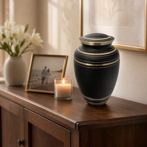 Black Brass Cremation Urn <b>for</b> Human <b>Ashes</b> with Gold Accents Secure Threaded Lid Handcrafted Memorial Funeral <b>Keepsake</b> Burial Urn - Product Image 2