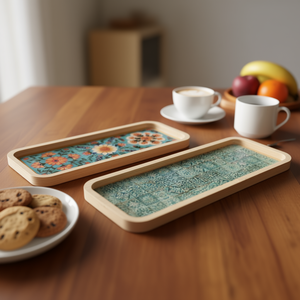 ถาดไม้พิมพ์ลายทำมือ สำหรับเสิร์ฟชา กาแฟ ขนม หรืออาหารเช้า - ถาดพรีเมียม - Product Image 1