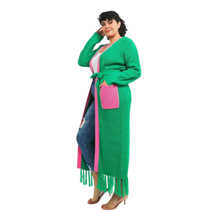 Green & Pink Fringe <b>Cardigan</b> <b>Sweater</b> Long Open Front Knit <b>Cardigan</b> with Contrast Trim and Patch Pockets Women's Outerwear Green - Product Image 2