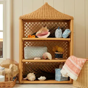 Custom Vintage Wicker Rattan Shelving Multi Tier Floor Standing <b>Display</b> <b>Unit</b> Aesthetic Roof Shaped Home Decor Storage <b>Shelf</b> - Product Image 4