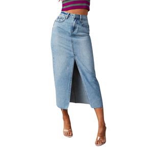 Jupe longue en jean taille haute pour femme, bleu moyen, avec fente avant et ourlet brut, coupe droite, style décontracté streetwear d'été - Product Image 5