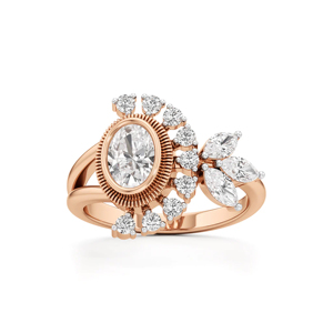 Bague de fiançailles ovale en or rose avec diamant, design floral, bijoux fins romantiques pour femmes - Product Image 1